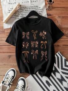 Women's Short Sleeve T-Shirt With Leopard Bow Print, White Blouse, Graphic Tees For Women, Unisex Casual Round Neck T-Shirt, Lightweight Knit Fabric, Machine Washable, For Spring/Summer/Autumn, Valentine's Day, Easter, Mother's Day, Summer T-Shirt. - 黑色 - 查看 7