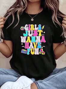 Casual Graphic Women's Short Sleeve T-Shirt, Girls Just Wanna Have Fun Colorful Graphic Print Top, Casual Summer Top, Comfortable Fabric, Perfect Gift, Bohemian T-Shirt, Blouses For Women - 黑色 - 查看 7