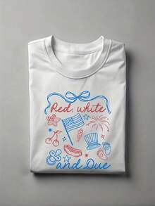 1 Piece Women's Patriotic Maternity T-Shirt - Red And White Design Print For 4th Of July, Pregnancy Announcement T-Shirt, Soft, Breathable, Lightweight, Short Sleeve, Round Neck, Suitable For Independence Day Celebrations, Unisex Casual T-Shirt, Perfect For Expectant Moms And Dads, 180g 100% Cotton. - 白色 - 查看 5