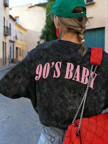 Nueva Llegada de Verano: Camiseta Casual de Manga Corta con Cuello Redondo y Estampado de Letras Rosadas de Estilo Americano Minimalista, Top Versátil y a la Moda para Mujer - Negro - Ver 9