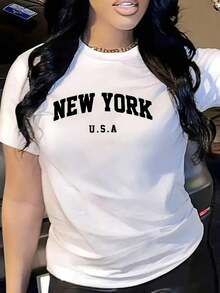 Nuevas llegadas para el verano. Camiseta de moda para mujer, de punto de poliéster suave y transpirable, con estampado de letras de Nueva York, EE. UU., corte holgado, cuello redondo, top casual para primavera, verano y otoño, longitud regular, blusa de manga corta, camisa > Hermosa. - Blanco - Ver 11