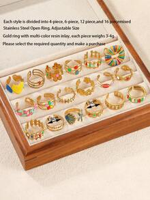 4/6/12/16pcs Stainless Steel 18K Gold Plated Mixed Pattern Rings Set, High Quality Resin Inlaid, Assorted Shapes, Adjustable Size, Random Styles, Suitable For Women Daily Decoration Or Gift - Yellow Gold - View 3