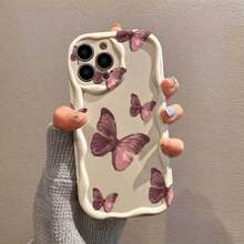 Fanahat-Funda para Teléfono - Una funda para teléfono color crema con un diseño de mariposas, que presenta un diseño ondulado divertido y minimalista para protección contra caídas, compatible con los modelos de  11 al 17, incluyendo las versiones Pro y Plus - Color mixto 1 - Ver 3
