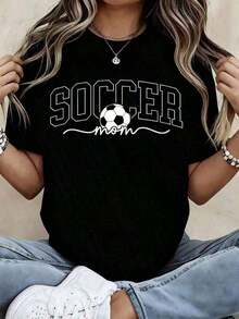 Women's "Soccer Mom" T-Shirt - Graphic T-Shirt With Soccer Ball Design, Loose Fit Casual Top For Soccer Fans, Perfect Gift For Moms And Sports Lovers, Spring/Summer Clothing, Excellent Gift For Her, Women's Printed Short Sleeve Casual T-Shirt, Fashionable Blouses For Summer And Autumn. - 黑色 - 查看 7