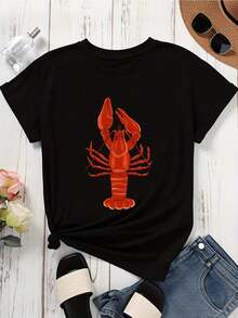 Camiseta Blanca con Estampado de Langosta para Mujer, Top Casual de Verano, Manga Corta, Camiseta con Diseño Gráfico - Negro - Ver 4