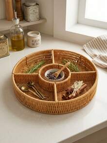 1pc Divided Woven Tray, Faux Rattan Style, Multi-Compartment Storage Dish Suitable For Snacks, Fruits, Nuts, Kitchen, Picnic, Bohemian Home Decor - View 4