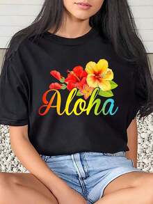 1 Piece Women's T-Shirt With Aloha Floral Print, Casual For Daily Wear, Round Neck, Short Sleeve, Soft And Comfortable, 220g/180g, 100% Cotton - 黑色 - 查看 6