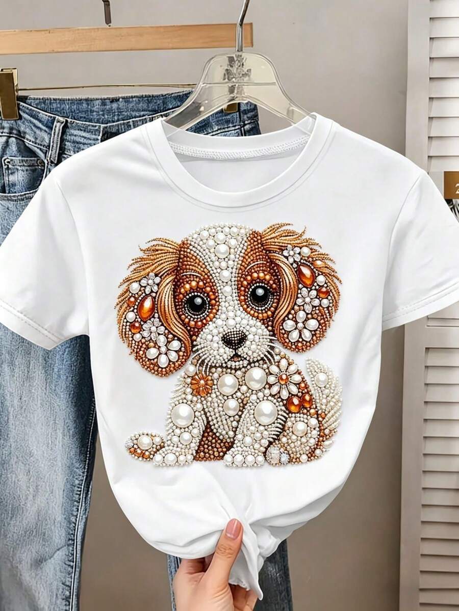 Women's Short-Sleeved T-Shirt With A White Diamond Puppy Print, Soft And Smooth, Round Neck, Casual Design, Cool And Breathable, With An Attractive Urban Bohemian Retro Style, Suitable For Daily Comfort And Lounging. - 白色 - 查看 1
