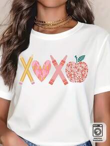 Vintage XOXO Teacher T-Shirt - Valentine's Day Gift For Educators, Soft And Breathable Short Sleeve T-Shirt With Vintage Pencil Print And XOXO Pattern, Comfortable Unisex Casual Wear, Suitable For Teacher Appreciation Week Or Valentine's Day Parties. WOII - 白色 - 查看 2