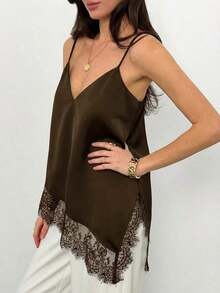Camiseta elegante y sexy de mujer con estampado de leopardo y encaje en contraste, camiseta de estampado de leopardo elegante, top de fiesta, atuendos de playa y vacaciones para mujeres, top para salir - Café integral - Ver 6