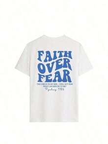 "Faith Over Fear" Double Print T-Shirt - Short-Sleeve Crew Neck Pure Cotton T-Shirt,  Holiday Style, A Daily Essential. Holiday Outfits, Simple Retro Street Style Top. Everyday Campus Wear For Men And Women - Comfortable Loose Fit Cotton Vintage Street Style T-Shirt - 白色 2 - 查看 4