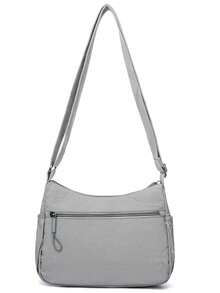 Casual Nylon Shoulder Bag With Adjustable Strap, Multi-Compartment, Solid Color, Zipper Closure, Polyester Lining, Lightweight And Convenient Crossbody Bag For Daily Use - Grey - View 5