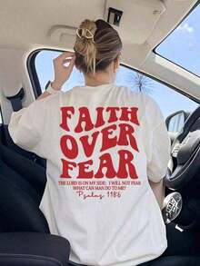 "Faith Over Fear" Double Print T-Shirt - Short-Sleeve Crew Neck Pure Cotton T-Shirt,  Holiday Style, A Daily Essential. Holiday Outfits, Simple Retro Street Style Top. Everyday Campus Wear For Men And Women - Comfortable Loose Fit Cotton Vintage Street Style T-Shirt - 白色 3 - 查看 8