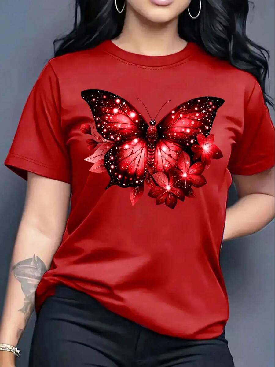 Women's Short Sleeve T-Shirt With Round Neck And Butterfly Print, Casual Spring/Summer Style - Unisex Loose Cotton T-Shirt With Round Neck And Short Sleeves, Urban Vintage Style. - 紅色 - 查看 1