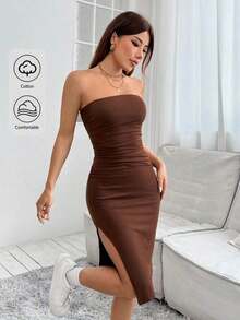 Vestido Con Abertura Sin Tirantes - Camel - Ver 10