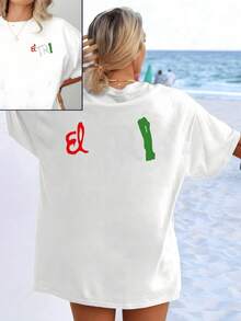 Artistic Lettering In Red, Green, And White Celebrates National Spirit And The Energy Of The Sea With Casual Style And Unique Joy. Women's Double-Print Beach-Inspired T-Shirt - 白色 - 查看 8
