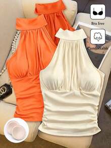 Camiseta sin mangas elegante y de moda con copas de sujetador incorporadas, versátil top de cuello halter, multipaquete para mujer - Multicolor 5 - Ver 5