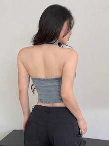 Chaleco de mezclilla de verano sin mangas para mujer con cuello caído y cremallera delantera - Lavado ligero - Ver 5