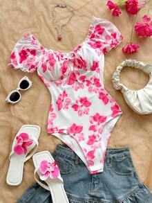 Body con estampado floral de hombros descubiertos ribete fruncido con nudo delantero pecho con fruncido - Multicolor 5 - Ver 7