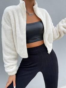 Drop Shoulder Zip Up Teddy Jacket Fall Winter Cloth For Women - Blanco - Ver 7