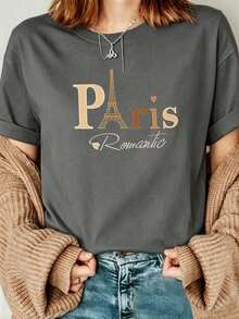 Free Shipping, Local Delivery In Mexico, Delivery In 4 Days. Women's Casual T-Shirt With A Romantic Paris Print, Black, Short Sleeves, Round Neck, Dropped Shoulders, Medium-Stretch Knit Fabric. - 深灰色 - 查看 1