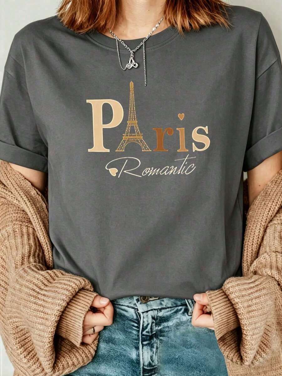 Free Shipping, Local Delivery In Mexico, Delivery In 4 Days. Women's Casual T-Shirt With A Romantic Paris Print, Black, Short Sleeves, Round Neck, Dropped Shoulders, Medium-Stretch Knit Fabric. - 深灰色 - 查看 1