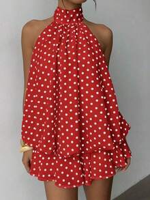 Vestido mini elegante de mujer con estampado de lunares y escote halter sin espalda - Rojo - Ver 3