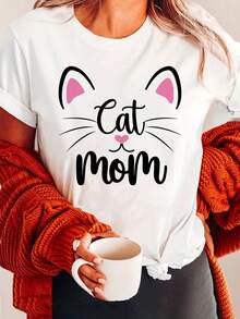 Camiseta de manga corta con cuello redondo y estampado de letras de moda con polvo para gatos, top casual para primavera y verano, ropa de mujer - [Blanco] - Ver 7