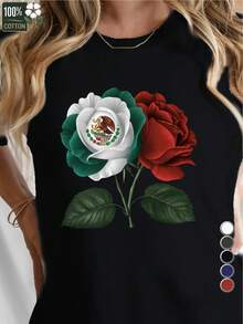 Pure Women's T-Shirt With Rose Illustration, Casual Short Sleeve Crew Neck T-Shirt, 100% Cotton, All Season Casual Wear, Mexican Style, Personalized, Made Of Slightly Stretchy Knit Fabric, Suitable For Weekend Casual Wear And Machine Washable, Practical Choice For Everyday Use - Pure Women's T-Shirt 180G - 白色的 - 查看 6