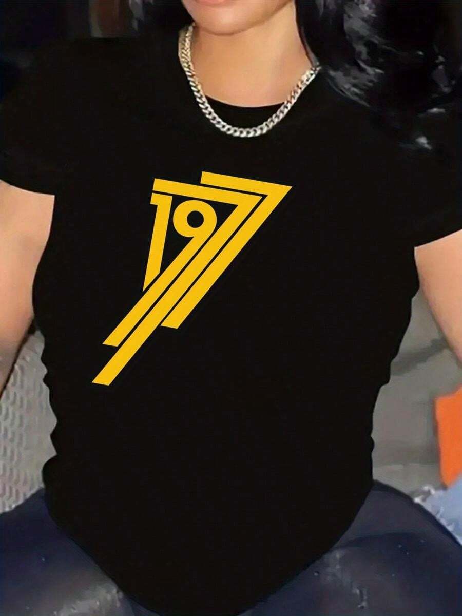 1 pieza, camiseta de manga corta de algodón puro clásica y versátil, ideal para usar en cualquier estación, dise?o con estampado 1977 para mujeres, estilo moderno.jpg - Negro - Ver 1