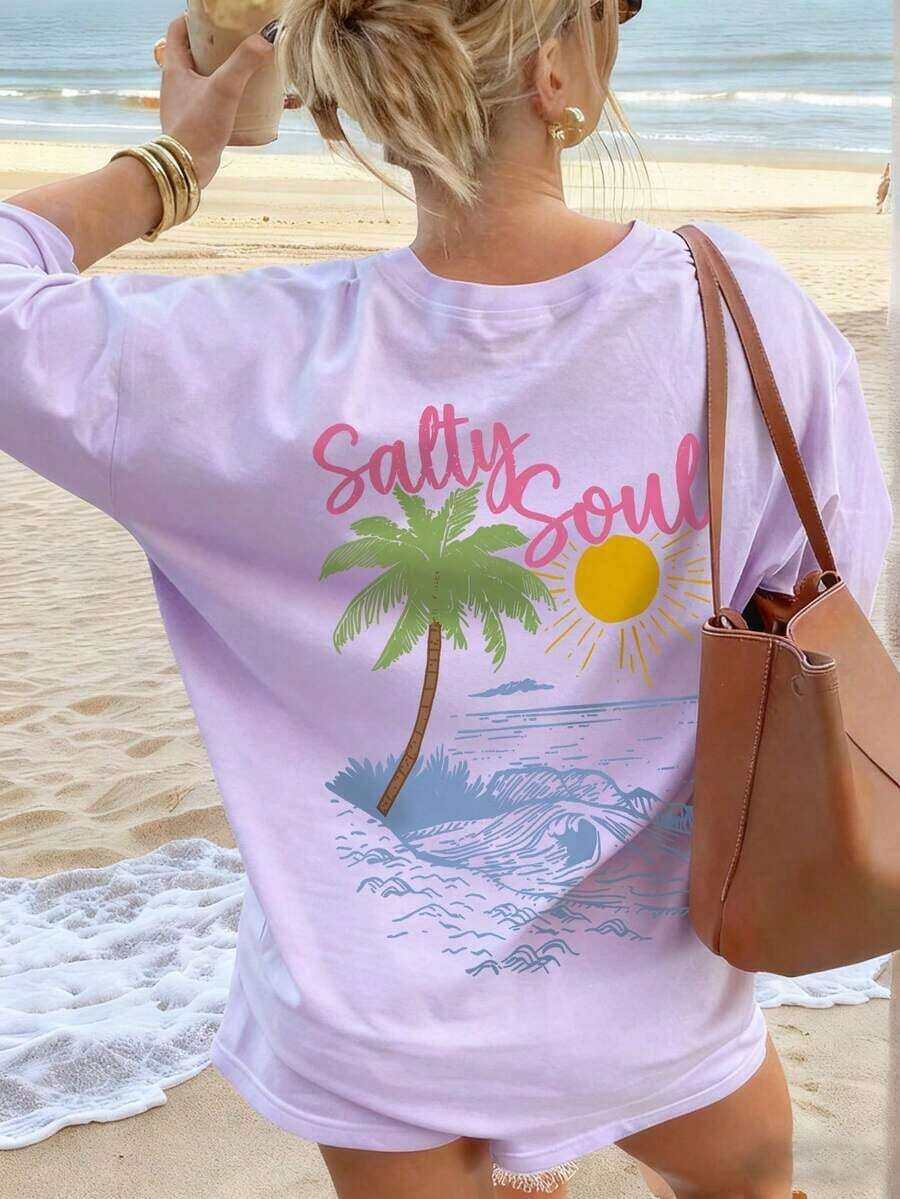 SALTY SOUL Women's Short Sleeve Crew Neck T-Shirt With Tree And Sun Print, Casual Style, Perfect For Beach Vacations, Spring/Summer, Fashionable And Your Everyday Essential For Your Holidays. Women's Holiday Graphic T-Shirt - 淡紫色 - 查看 1