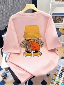 Crew Neck T-Shirt With Bear Print, Plus Size Women's Urban Fashion Item, Suitable For New Year's, Daily Wear, Outings, Beach, Parties, School, Vacation, Travel. Summer Vacation Outfit, Beach Vacation Outfit, Spring Outfit, Mother's Day Gift; Graduation - 羅莎 - 查看 8