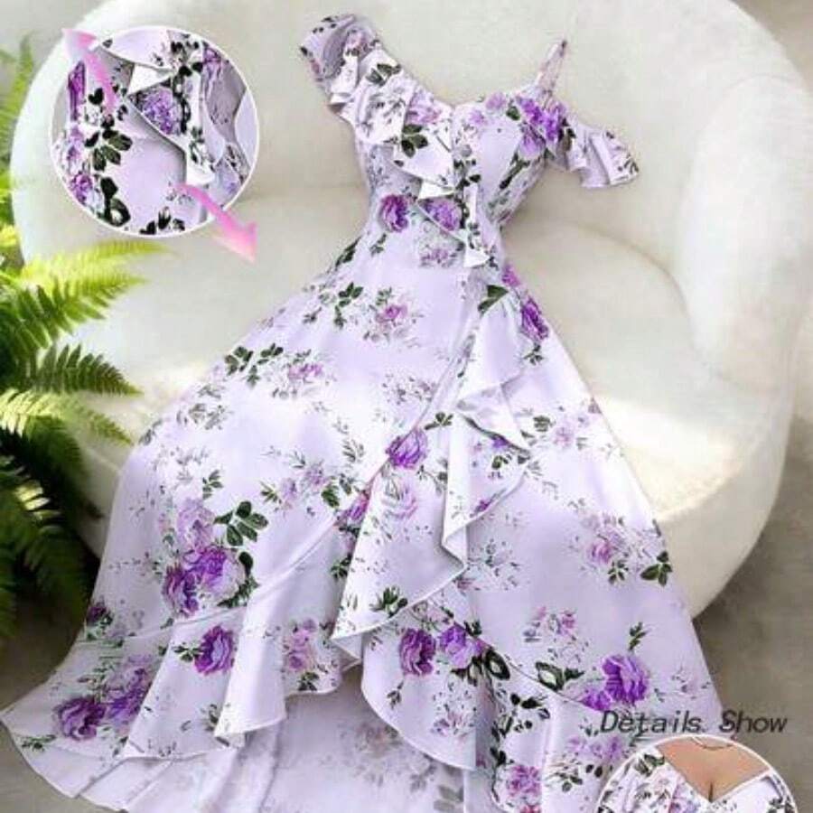Women's Spring/Summer New Romantic Retro Palace Style Beach Vacation Atmosphere Outfit, Daily Gathering, Date Party, Floral Print, Oblique Collar Ruffle Hem Irregular Hem Design, Long Pink Maxi Dress - Morado - Ver 1