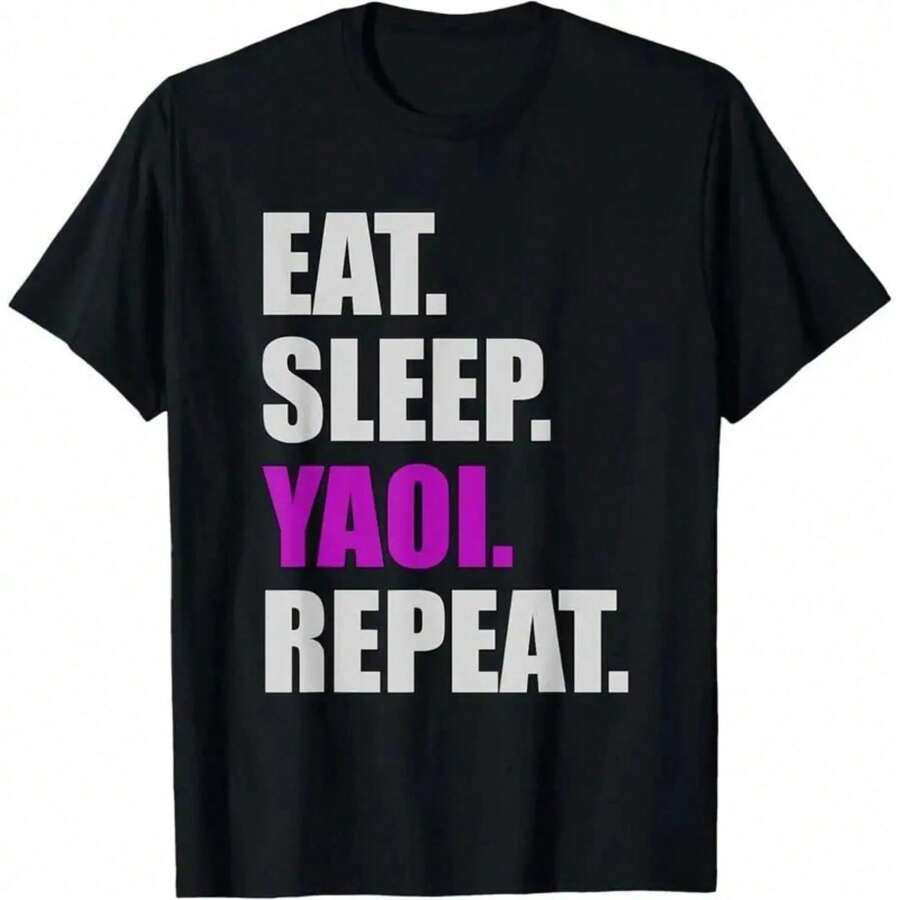 Camiseta Certificada para Adictos al Yaoi – Camiseta con meme 'Eat Sleep Yaoi Repeat', para fans de BL Anime. 1IFD - Negro - Ver 1