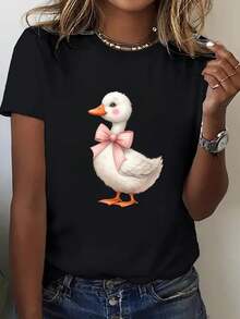 Women's Plus Size Summer Casual T-Shirt - Duck Print T-Shirt For Women - Soft, Loose-Fitting Everyday T-Shirt With Pink Bow, Round Neck, And Short Sleeves, Suitable For Spring And Summer - Women's Everyday Casual Shirt, Duck Print T-Shirt, Spring/Summer Clothing, Vibrant Design, Comfortable Fit, Spring Fashion, Breathable Material, Printed T-Shirt, Stylish Fashion T-Shirt For Women. - 黑色 - 查看 7