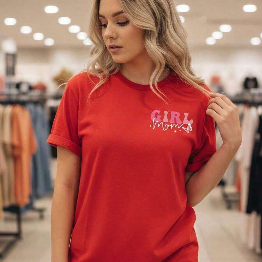 Camiseta de Algodón con Estampado "Girl Mom" para Mujer - Manga Corta, Cuello Redondo, Estilo Casual con Estampado de Mariposas, Suave y Cómoda, Ideal para Uso Diario, Tallas S-5XL, Diseño Rosa/Blanco, Corte Holgado, Moda de Verano, Adecuada para primavera, verano y otoño. - Rojo - Ver 1