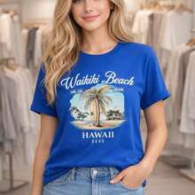 Camiseta de algodón con estampado de playa Waikiki para mujer, talla grande, M-5XL, camiseta casual de manga corta, estilo vintage con gráfico de palmeras hawaianas, corte relajado, ropa de verano para vacaciones en la playa, tela de algodón suave y cómoda, camiseta básica casual de talla grande para mujer, adecuada para primavera, verano y otoño. - Azul - Ver 7