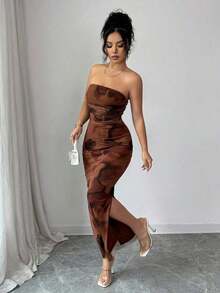 Vestido de elegante de mujer con cintura ceñida, estampado de malla teñida anudada y abertura lateral - Café - Ver 4