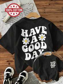 Women's Short Sleeve Crew Neck T-Shirt - Vintage Style Double-Sided Floral And Daisy Print "Have A Good Day", Versatile Casual Top For All Seasons, Machine Washable, Vintage T-Shirt, Wear In All Seasons, Breathable Fabric, Loose Fit, Lightweight Design, Fashionable Printed T-Shirt - Unisex Urban Style Vintage Cotton Short Sleeve Crew Neck Blouse For Women. Casual Blouses For Ladies. - 黑色 - 查看 6