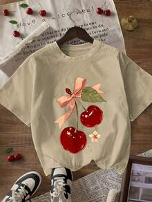 Camiseta de mujer con estampado de lazo de cereza estilo Y2K, camiseta casual de manga corta con cuello redondo, adecuada para uso diario - Camiseta unisex de algodón suelto de manga corta y cuello redondo estilo vintage urbano, blusas para mujer. blusas.blusas casuales para dama. - Albaricoque - Ver 6