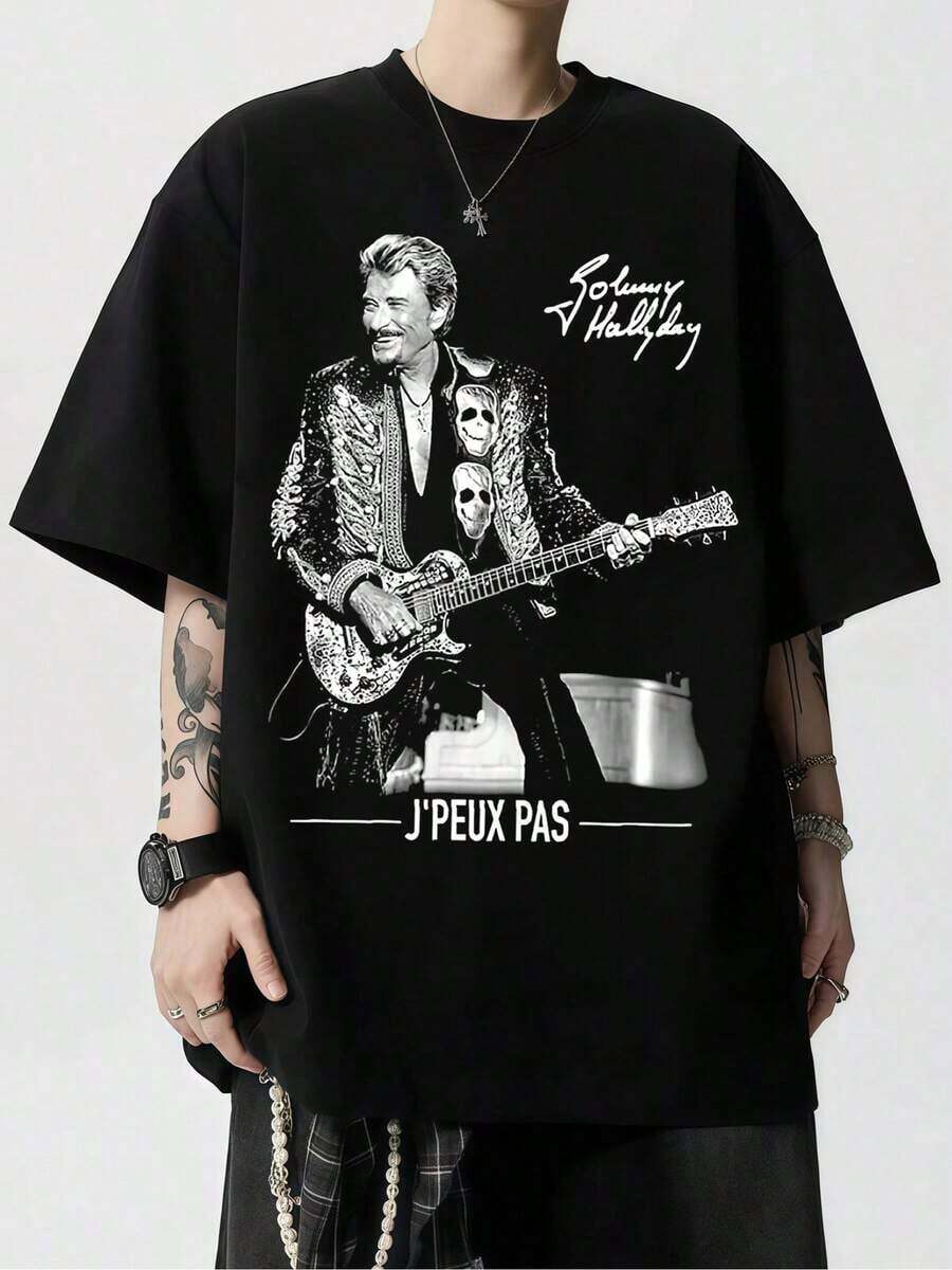 Classic Oversized T-Shirt With Johnny Hallyday Signature - 黑色 - 查看 1