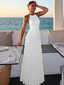 Vestido nuevo de verano mujer halter con pliegues espalda descubierta estilo sensual elegante moda europea - Blanco - Ver 4