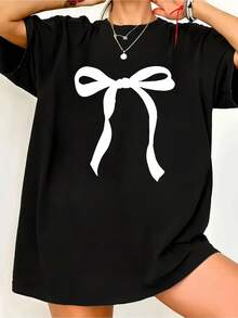 Plus Size - Plus Size - Women's Plus Size T-Shirt With White Bow Print Oversize | Soft And Breathable Short Sleeve Crew Neck Blouse, Casual Black And White Top For Everyday Wear In All Seasons, Loose Fit Machine Washable Tunic With Minimalist Aesthetic - 黑色 - 查看 1