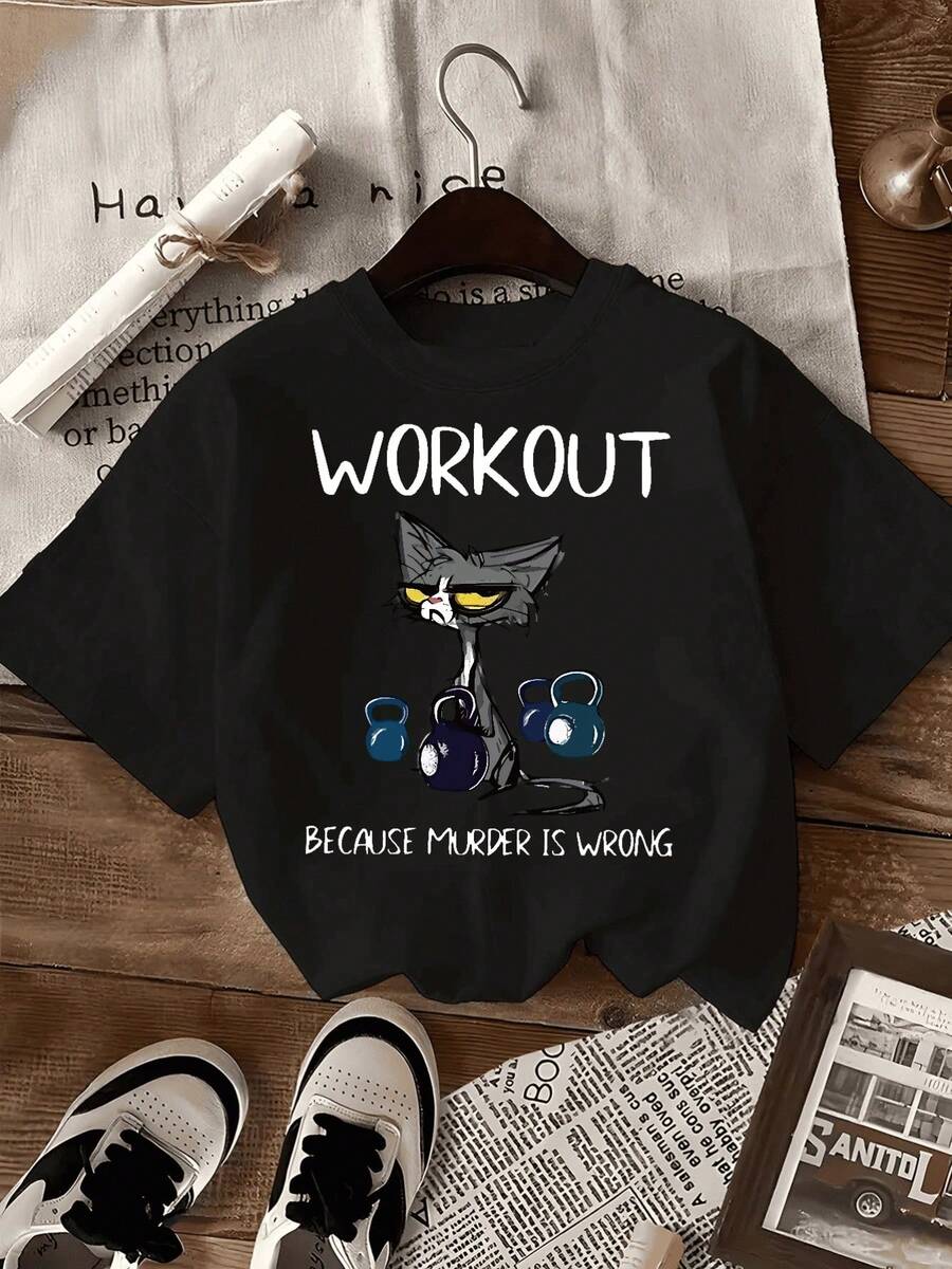 Women's Short Sleeve T-Shirt With Round Neck And "BECAUSE IS WRONG" Print - Women's Clothing, Comfortable Fit, Classic Design - 黑色 - 查看 1