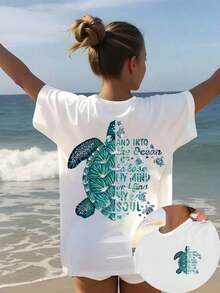 Women's Tropical Beach Vacation T-Shirt - Double-Sided "Sunshine Vibes" Print, Casual Polyester Crew Neck Short Sleeve Top, Machine Washable, Suitable For All Seasons, 100% Cotton, Summer - 白色 - 查看 11