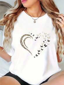 Women's Short Sleeve T-Shirt, 1 Piece, Leopard And Butterfly Print, White, T-Shirts, White Top, Graphic T-Shirts For Women, Unisex Casual Round Neck T-Shirt, Lightweight Fabric, Machine Washable, For Spring/Summer/Autumn, Valentine's Day, Mother's Day, Independence Day, Summer T-Shirt. - 白色 - 查看 1