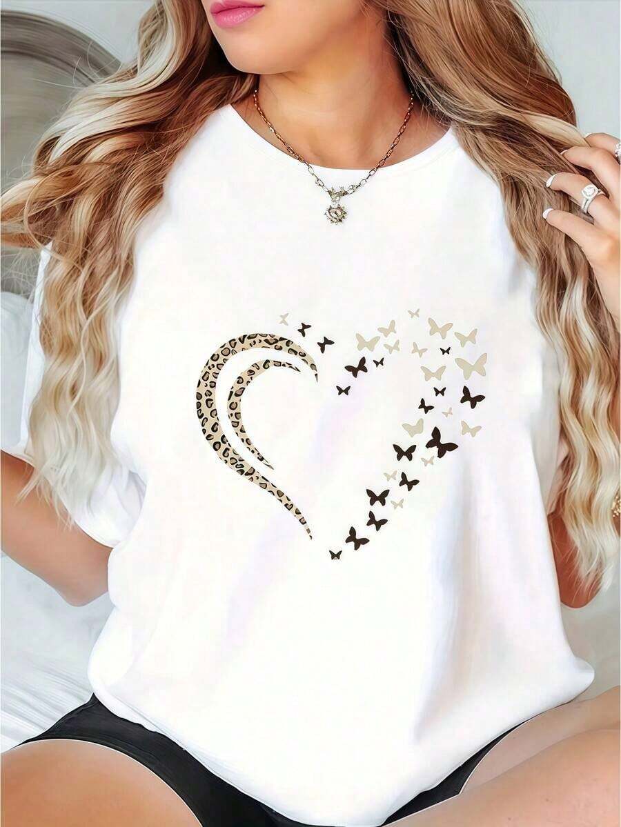Women's Short Sleeve T-Shirt, 1 Piece, Leopard And Butterfly Print, White, T-Shirts, White Top, Graphic T-Shirts For Women, Unisex Casual Round Neck T-Shirt, Lightweight Fabric, Machine Washable, For Spring/Summer/Autumn, Valentine's Day, Mother's Day, Independence Day, Summer T-Shirt. - 白色 - 查看 1