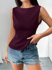 Camisa tipo camisola ajustada sin mangas con espalda abierta y lazo, unicolor.Elegante, informal, sexy y minimalista para oficina y negocio.Primavera/Verano - Burdeos - Ver 4