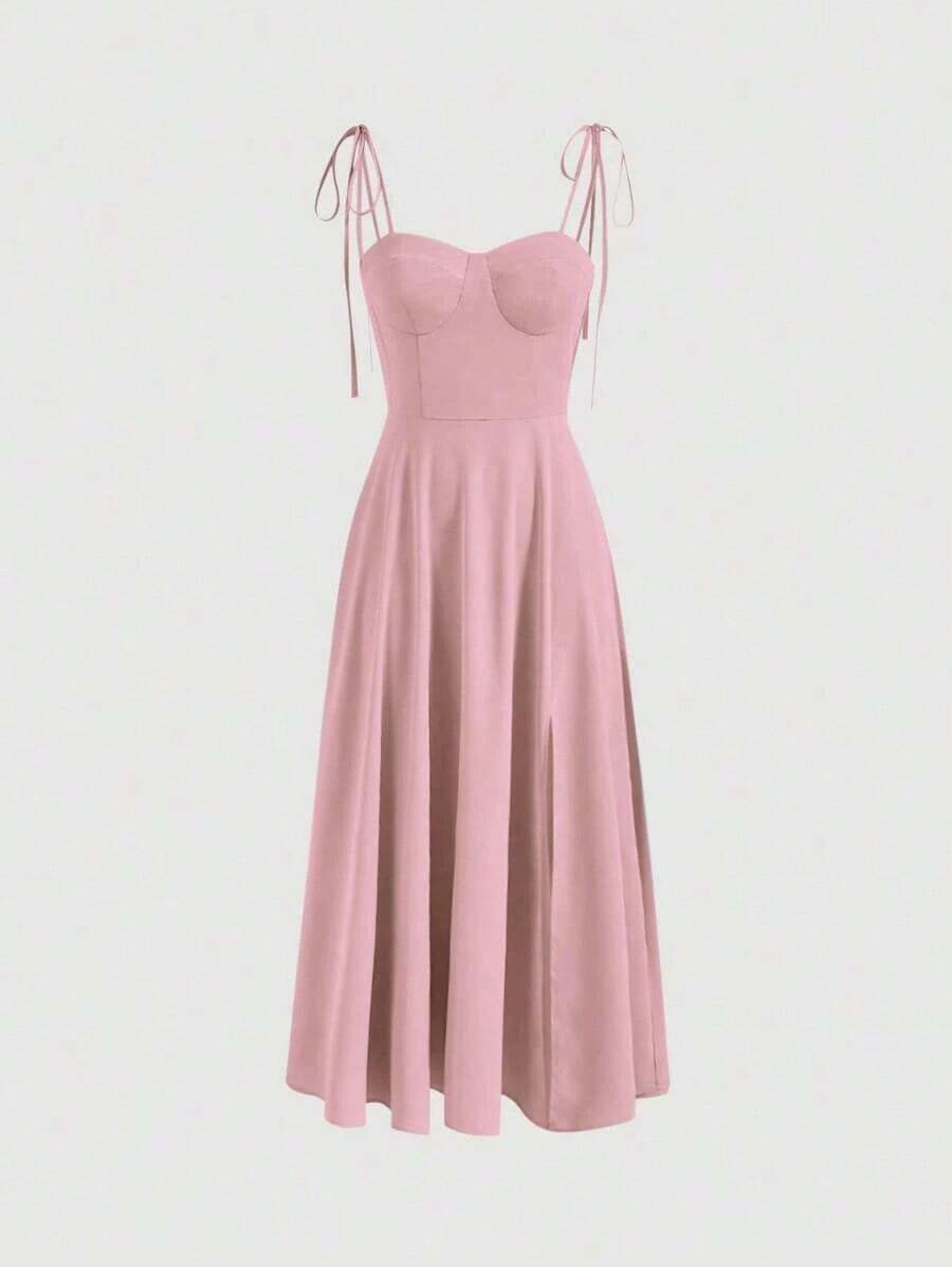 Vestido con abertura y lazo floral - Rosa Pálido - Ver 1