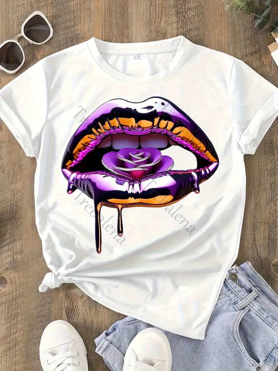 Plus Size T-Shirt With Round Neck, Rainbow Lips Print And Drop Design, Colorful, Fun And Fashionable T-Shirt, Plus Size T-Shirt For Women, Short Sleeve T-Shirt, Fashionable Casual Top, Women's Clothing For Spring/Summer, Mother's Day/Anniversary/June 10, Sizes 0X-4X. - 白2 - 查看 1
